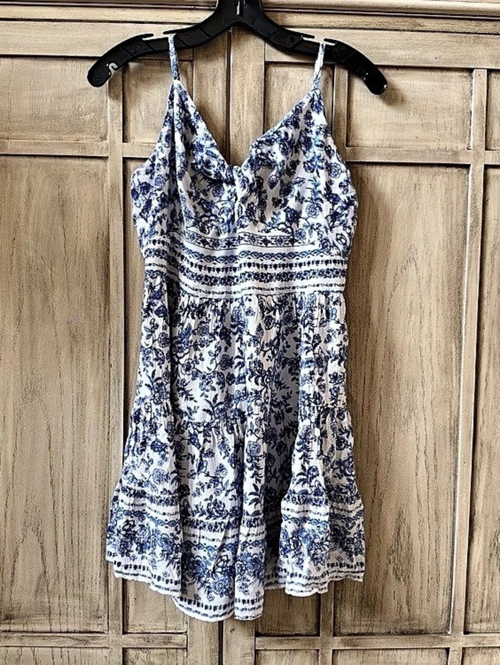 Angie Floral Mini Dress Tie Front Blue White Print V-Neck Small S Women’s - Picture 2 of 5